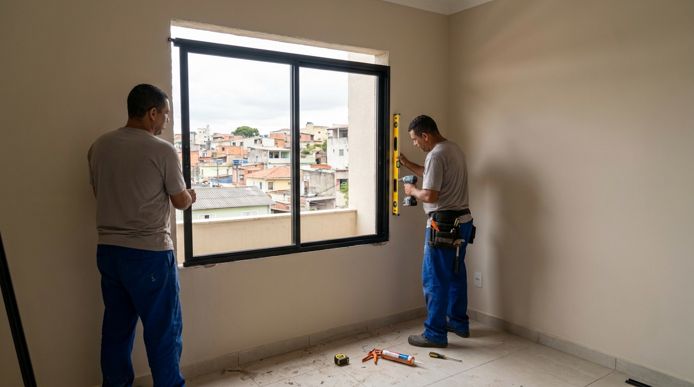 Esquadria de alumínio em quarto bege em Boa Vista-RR