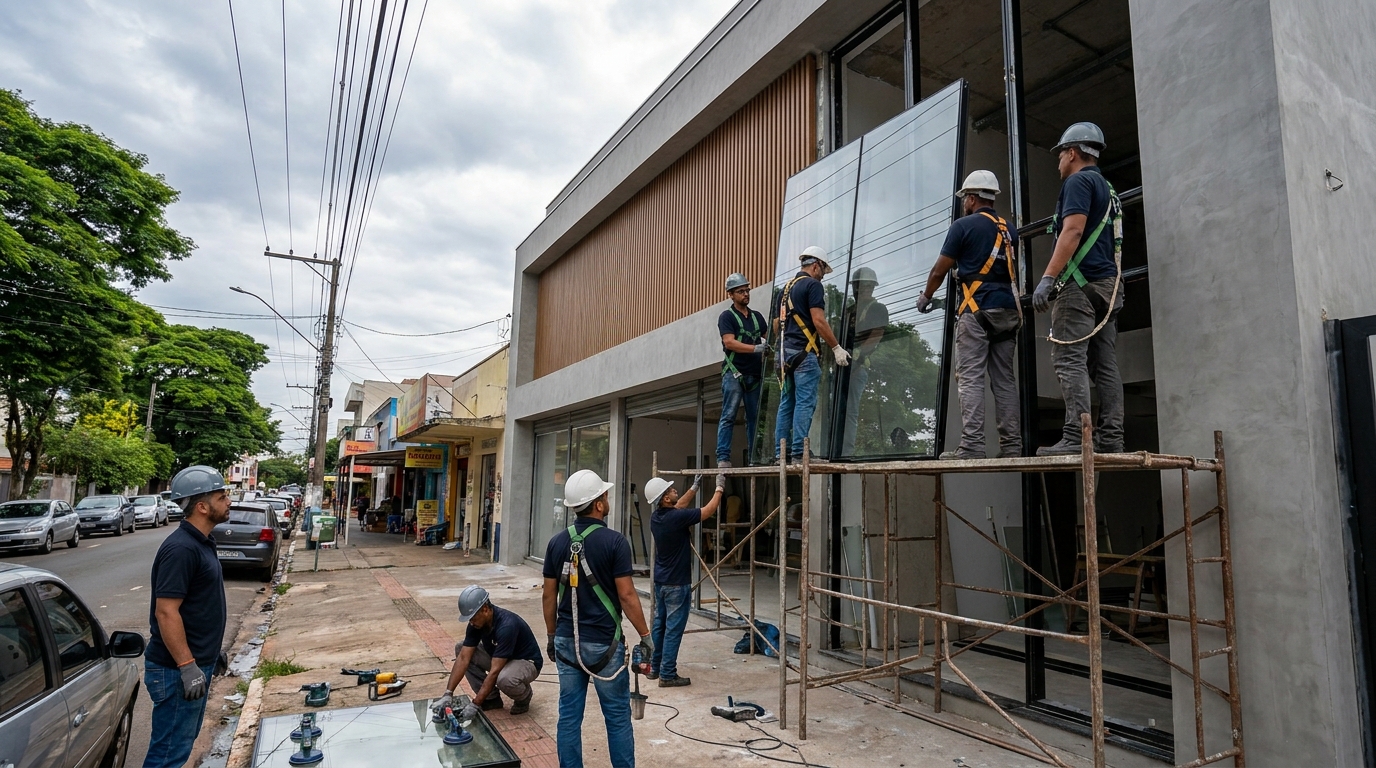 Fachada de vidro com andaime lateral em Boa Vista-RR
