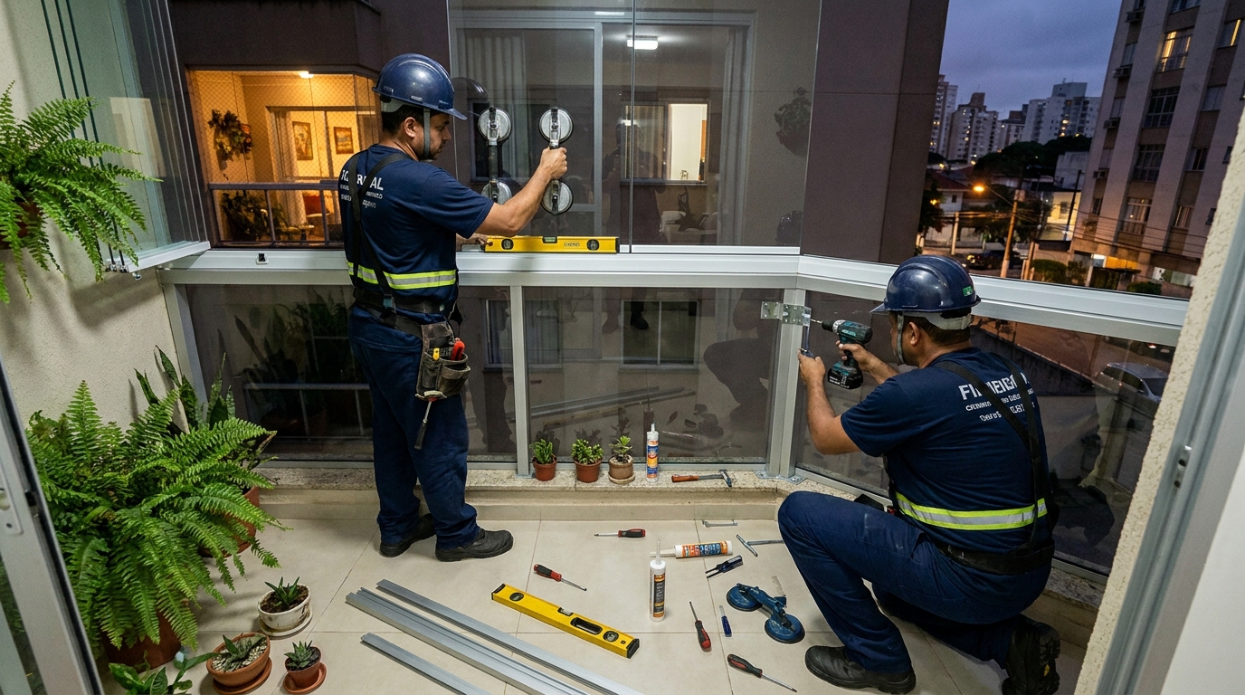 Instalação noturna de parede de vidro em Boa Vista-RR